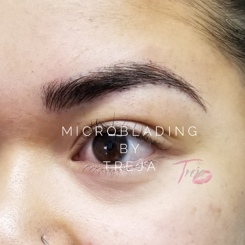 Brunette client with microbladed eyebrows.