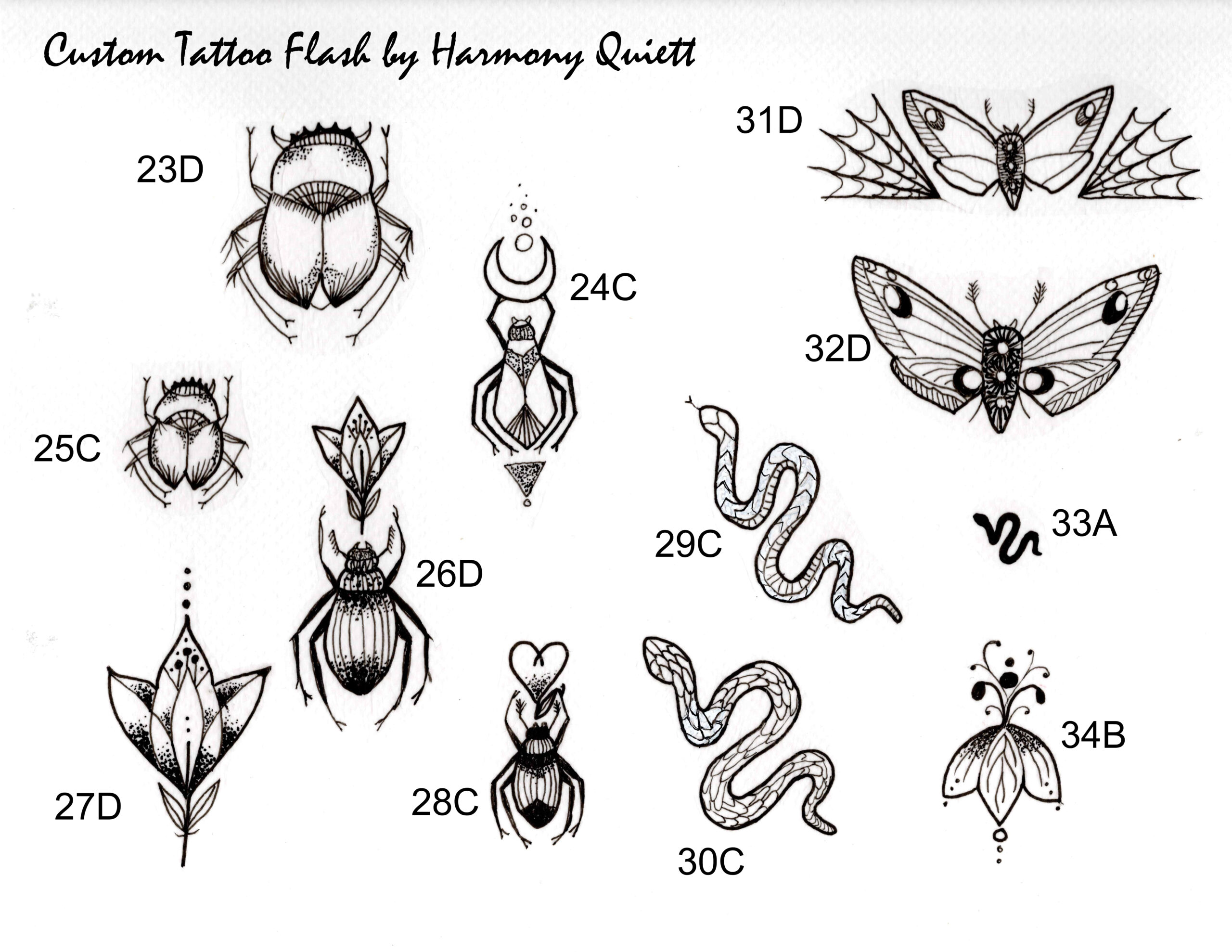 custom tattoo flash by harmony. snakes and insect designs
